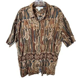 Expressions Worldwide Men's Large Button-Up Paisley Stripe Shirt Rayon Brown